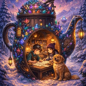 Gem Teapot Treehouse Art Print 8x10, Fantasy Winter Wall Decor, Whimsical artwork