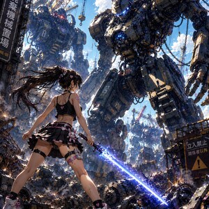 Può includere: Illustrazione digitale di una persona in abito nero con una spada luminosa di fronte a un robot gigante. Lo sfondo mostra un paesaggio urbano con altri robot e gru sotto un cielo blu. L'immagine contiene testo giapponese.