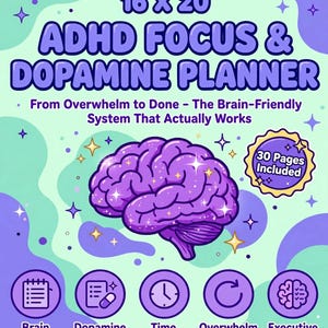 May include: A digital download planner titled ADHD Focus & Dopamine Planner, 16 x 20 inches. The design features a purple brain illustration on a light green background with five circular icons for Brain Dump, Dopamine Menu, Time Block, Overwhelm Reset, and Executive Function. Includes 30 pages.