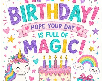 Birthday Unicorn Printable Card, Girls Foldable Greeting Card, 8.5x5.5 Download