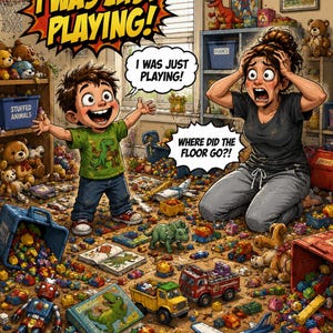 Op de afbeelding: Een cartoonillustratie van een kind in een groen dinosaurus-T-shirt en blauwe jeans in een kamer vol verspreid speelgoed, boeken en bouwblokken. Een geschokte volwassene zit op de grond met de handen aan het hoofd. Tekst: I WAS JUST PLAYING!