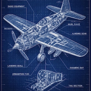 May include: Blueprint-style illustration of a vintage airplane, showcasing detailed internal components. The image features labels such as "Fuel Engine," "Cockpit Detail," and "Landing Gear." The design is rendered in white lines against a dark blue grid background, highlighting the aircraft's structure.