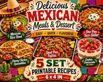 5 Set Mexican Recipe Cards, 6 x 4 IN Printable Recipes, Instant Download
