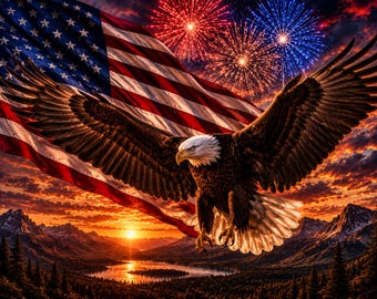 Patriotic Eagle Wall Art Set, American Flag Sunset Printable Decor 10x8