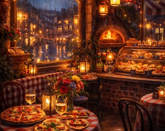 Rainy Italian Pizza Cafe 8x10 Print, Cozy Cafe Wall Art