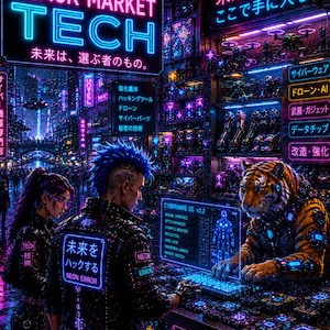 Peut inclure: Une ville futuriste illuminée au néon avec le texte "BLACK MARKET TECH" et du texte japonais. Deux personnages en tenue futuriste interagissent avec un ordinateur affichant "CYBERWARE OS v3.2". Un tigre robotique et des gadgets technologiques sont visibles.