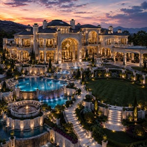 May include: An aerial view of a luxurious mansion at sunset. The large, multi-story home features numerous windows, balconies, and a grand entrance. The property includes a pool, waterfalls, and manicured gardens, all illuminated by soft lighting.