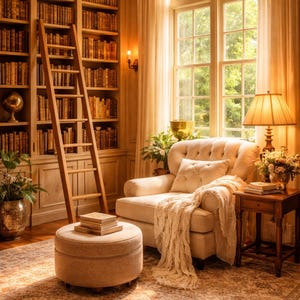 Bright Cozy Library Wall Art Printable, Reading Nook Decor, 8x10 Digital Download