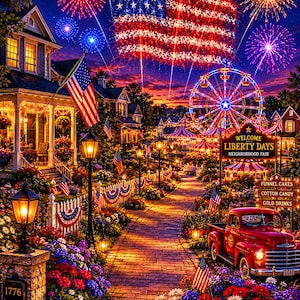 Könnte beinhalten: Eine lebendige Illustration eines Nachbarschaftsfestes in der Abenddämmerung mit Feuerwerk, einer amerikanischen Flagge und einem Riesenrad. Ein roter Pickup-Truck parkt in der Nähe eines Schildes mit der Aufschrift "Welcome Liberty Days Neighborhood Fair". Die Szene ist voller Lichter und patriotischer Dekorationen.