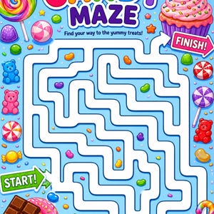 May include: A vibrant candy maze illustration featuring the words "CANDY MAZE". The image is filled with sweets like lollipops, gummy bears, donuts, and a cupcake. The text "Find your way to the yummy treats!" is included, along with "START!" and "FINISH!" arrows.