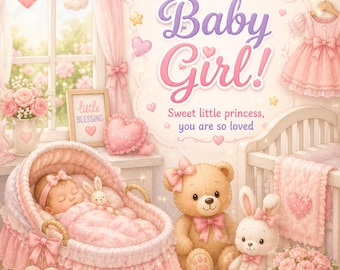 Welcome Baby Girl Printable Card, 8.5 x 5.5 Foldable Card