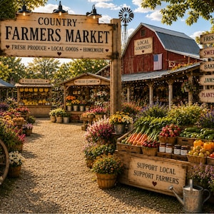 Könnte beinhalten: Eine lebhafte Szene auf einem Bauernmarkt auf dem Land. Holzschilder zeigen "Country Farmers Market" und "Fresh Produce". Stände sind mit frischen Produkten, Blumen und Backwaren überfüllt. Eine rote Scheune und eine amerikanische Flagge tragen zum rustikalen Charme bei. Körbe mit Obst und Gemüse sind ausgestellt.