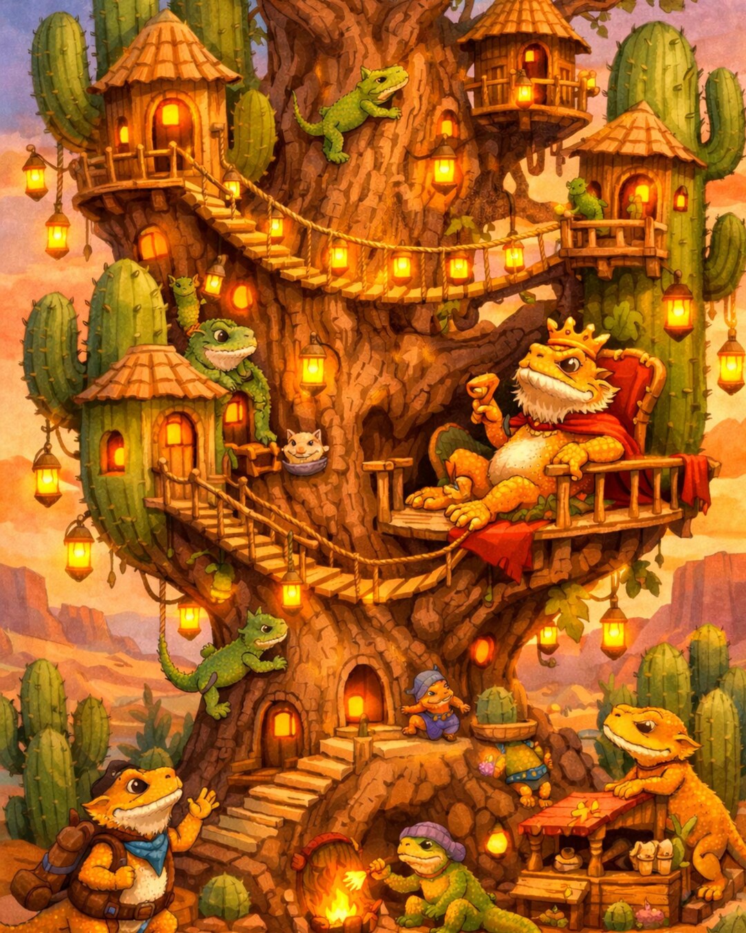 Bearded Dragon Treehouse Fantasy Art Print, Whimsical Lizard Wall Decor ...