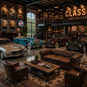 May include: A classic car gallery showcases several vintage automobiles, including a silver Mercedes-Benz, a teal convertible, and a dark green roadster. The gallery features a leather sofa, vintage signs, and the illuminated text "CLASSIC CAR GALLERY."