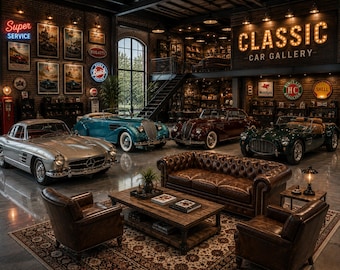 Classic Car Showroom Wall Art Set, Vintage Auto Garage Decor, 10x8 Printable Prints
