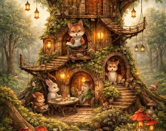 Woodland Animal Treehouse Art, Whimsical Forest Nursery Print (Digital Download)