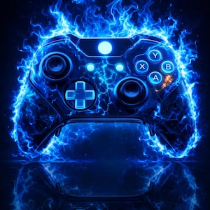 Könnte beinhalten: Ein blauer Videospiel-Controller, der von blauen Flammen umgeben ist. Der Controller verfügt über ein Steuerkreuz, Tasten mit den Bezeichnungen A, B, X und Y sowie zwei Analogsticks. Das Bild hat einen dunklen Hintergrund mit einer Reflexion des Controllers.