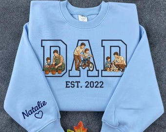 Custom Embroidered Dad and Baby with Photo Sweatshirt, Custom Father's Day Gift, Dad Gift Idea Hoodie, Embroidered Faceless Portrait Sweater
