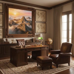 Può includere: Un ufficio domestico classico con un grande dipinto incorniciato di una piramide al tramonto. La stanza comprende una scrivania in legno scuro, una sedia in pelle, un pouf e un mappamondo. Mappe antiche e una lampada con paralume verde completano l'arredamento.