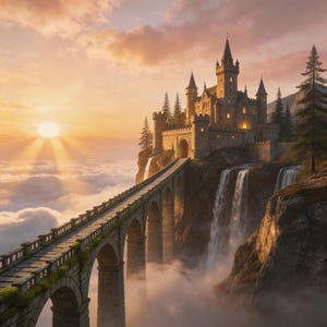 Peut inclure: Un château de pierre majestueux perché au sommet d'une falaise, relié au continent par un pont. Des cascades d'eau dévalent la falaise, et le château est entouré de nuages. Le ciel est orange et jaune chaud du soleil couchant.