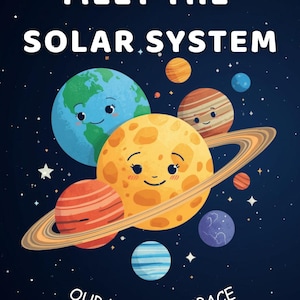 May include: A colorful illustration of the solar system with smiling planets against a dark blue starry background. Text reads "Meet the Solar System" and "Our Home in Space". The planets include Earth, Saturn, and others.