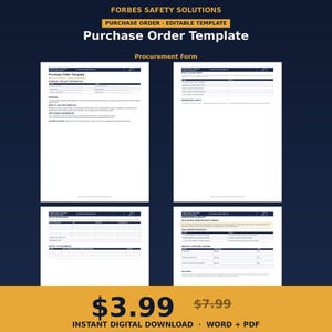May include: A digital purchase order template by Forbes Safety Solutions featuring four white pages with dark blue headers and text. The document includes sections for company information, procurement details, item authorization, and sign-off checklists.