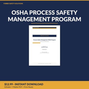 Puede incluir: Un documento blanco titulado OSHA Process Safety Management Program de Forbes Safety Solutions. La página incluye secciones para el nombre de la empresa, referencia reglamentaria, fecha de revisión y fecha de examen.