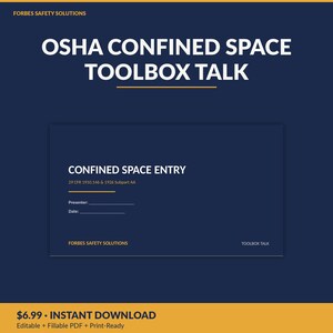 Op de afbeelding: Een donkerblauw digitaal document getiteld OSHA CONFINED SPACE TOOLBOX TALK. Het document bevat de tekst CONFINED SPACE ENTRY, 29 CFR 1910.146 & 1926 Subpart AA, met lege regels voor Presenter en Date, en de merknaam FORBES SAFETY SOLUTIONS.