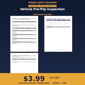 May include: A digital template for a Vehicle Pre-Trip Inspection checklist in DOT format by Forbes Safety Solutions. The document includes sections for driver and documents, cab and safety equipment, mechanical components, and a sign-off area.