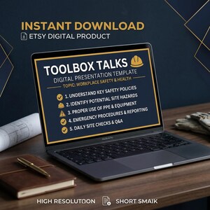 May include: A laptop displays a "Toolbox Talks" presentation template on workplace safety. The screen lists key safety policies, hazard identification, PPE use, emergency procedures, and daily site checks. The image includes a notebook, pen, and blueprints.
