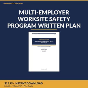 以下が含まれることがあります： Forbes Safety SolutionsによるMulti-Employer Worksite Safety Program Written Planと題された白い文書。文書には会社名、発効日、改訂日のセクションが含まれており、濃い青色の背景に配置されています。