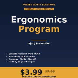 Puede incluir: Una plantilla de documento digital titulada Forbes Safety Solutions Ergonomics Program Injury Prevention. El gráfico en azul oscuro y dorado incluye texto que enumera características como formatos Word .DOCX y PDF listos.