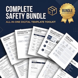 May include: A Complete Safety Bundle digital template toolkit with the text "COMPLETE SAFETY BUNDLE" and "ALL-IN-ONE DIGITAL TEMPLATE TOOLKIT". Includes templates for data protection, risk assessment, and employee safety. A gold ribbon says "BUNDLE SAVE 75% | INSTANT ACCESS".