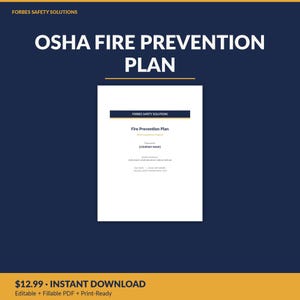 May include: A white document titled OSHA FIRE PREVENTION PLAN with a dark blue background. The document includes sections for company name, regulatory references, date, and revision number, presented in a professional, clean layout.