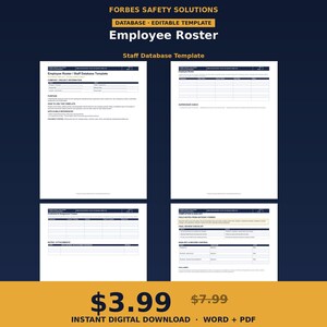 May include: A digital employee roster and staff database template by Forbes Safety Solutions. The document includes sections for company information, purpose, instructions, credential tracking, supervisor checks, and final sign-off checklists.