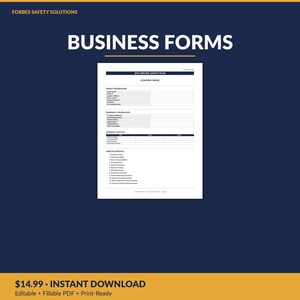 May include: A white document titled Site-Specific Safety Plan with sections for project information, emergency details, and contacts. The form includes a table of contents listing twelve safety procedures on a dark blue background with Forbes Safety Solutions text.
