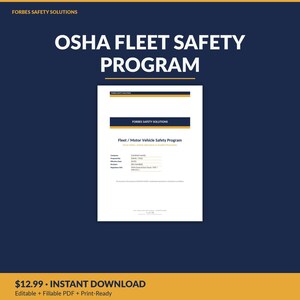 May include: A white document titled OSHA Fleet Safety Program with dark blue and gold accents. The page includes fields for company name, prepared by, effective date, revision, and regulatory ref, all set against a dark blue background.