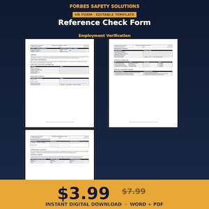 May include: A digital HR form template titled Forbes Safety Solutions Reference Check Form for employment verification. The document includes sections for applicant information, reference findings, approval workflows, and a formal acknowledgment section.