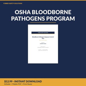 Pode incluir: Um documento branco intitulado OSHA Bloodborne Pathogens Program sobre um fundo azul escuro. O documento inclui seções para o nome da empresa, referências regulatórias e datas, apresentado como um modelo de conformidade de segurança.