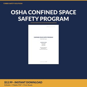 Op de afbeelding: Een document getiteld OSHA CONFINED SPACE SAFETY PROGRAM met een witte voorpagina met de tekst CONFINED SPACE ENTRY PROGRAM, Written Safety Program, en tijdelijke aanduidingen voor bedrijfsnaam, adres, datum en revisienummer.