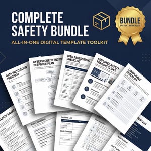 May include: A Complete Safety Bundle digital template toolkit with the text "COMPLETE SAFETY BUNDLE" and "ALL-IN-ONE DIGITAL TEMPLATE TOOLKIT". Includes templates for data protection, risk assessment, and employee safety. A gold ribbon says "BUNDLE SAVE 75% | INSTANT ACCESS".