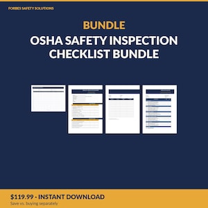 May include: A digital OSHA safety inspection checklist bundle from Forbes Safety Solutions. The document set features four distinct white pages with dark blue headers, organized tables, and numbered lists for safety compliance documentation.