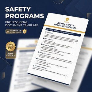 以下が含まれることがあります： 「SAFETY PROGRAMS」と「PROFESSIONAL DOCUMENT TEMPLATE」というタイトルのデジタル安全プログラムテンプレート。このドキュメントには、職場の安全ポリシー、従業員の責任、緊急時の手順に関するセクションが含まれています。高品質のPDFで、完全に編集可能です。
