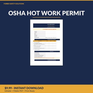 Op de afbeelding: Een wit OSHA-formulier voor heetwerkvergunningen met donkerblauwe koppen en oranje accenten. Het document bevat secties voor bedrijfsgegevens, een veiligheidschecklist voor aanvang van het werk, brandwachtinformatie en autorisatiehandtekeningen.
