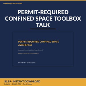Op de afbeelding: Een donkerblauw digitaal document getiteld PERMIT-REQUIRED CONFINED SPACE TOOLBOX TALK. Het document bevat de tekst PERMIT-REQUIRED CONFINED SPACE AWARENESS, Understanding Entry Hazards and Required Controls, en verwijst naar 29 CFR 1910.146.