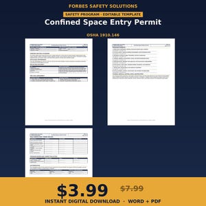 May include: A digital template for a Confined Space Entry Permit by Forbes Safety Solutions, referencing OSHA 1910.146. The document includes sections for project information, purpose, roles, pre-task assessment, program elements, and authorization.