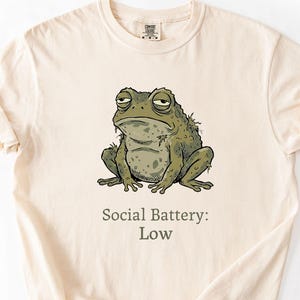 May include: A cream-coloured t-shirt with a cartoon illustration of a grumpy frog. The frog is green and grey, with a tired expression. The text below the frog reads "Social Battery: Low."