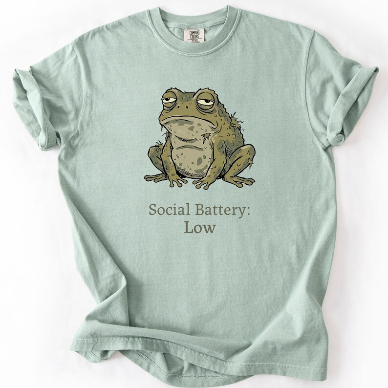 Op de afbeelding: Lichtgroen T-shirt met een cartoon illustratie van een kikker. De kikker, olijfgroen met bruine vlekken, heeft een vermoeide uitdrukking. De tekst "Social Battery: Low" staat eronder.