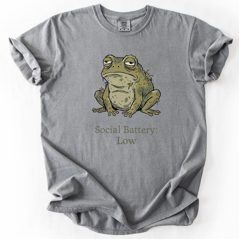 Op de afbeelding: Grijs t-shirt met een cartoon illustratie van een chagrijnige kikker. De kikker is groen en bruin met een getextureerd uiterlijk. Onder de kikker staat de tekst "Social Battery: Low."