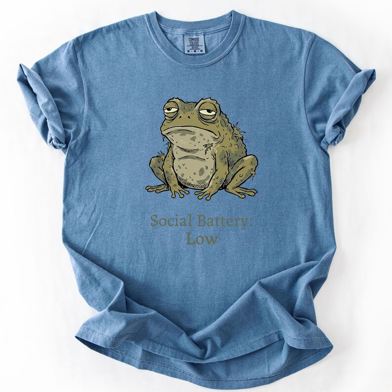 Op de afbeelding: Blauw T-shirt met een cartoon illustratie van een chagrijnige kikker. De kikker is in groen- en bruintinten. Onder de kikker staat de tekst "Social Battery: Low".